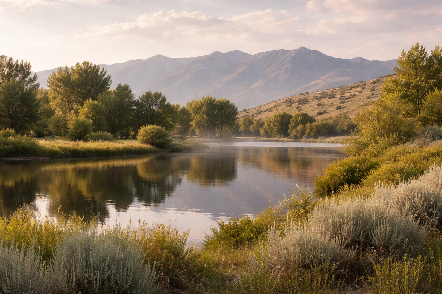 Peaceful Idaho landscape with mountains and river